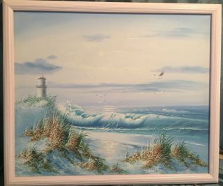 Vintage Oil Painting Artist Signed Lighthouse Beach Dune Birds Seascape