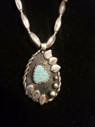 Vintage Navajo Pearl Bead Sterling Silver And Turquoise Pendant Necklace
