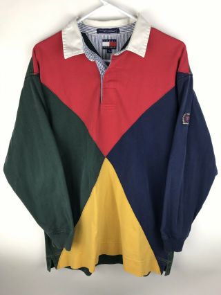 Vintage Tommy Hilfiger Long - Sleeve Rugby Polo Shirt Size Medium/ Multicolor