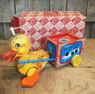 Vintage 1950s Fisher Price Pull Along Musical Wooden Duck Toy W Box 795
