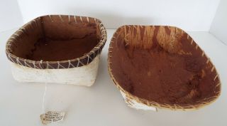 2 Vintage Hand Crafted Alaskan White Birch Bark Baskets Pair Signed Sovalik