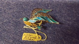 800 Silver Bird Swallow Brooch Pin Vintage Blue Green Enamel Chinese Plique