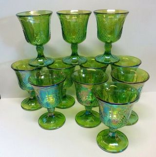 Set Of 11 Vintage Green Iridescent Carnival Glass Goblets Harvest Grape Indiana