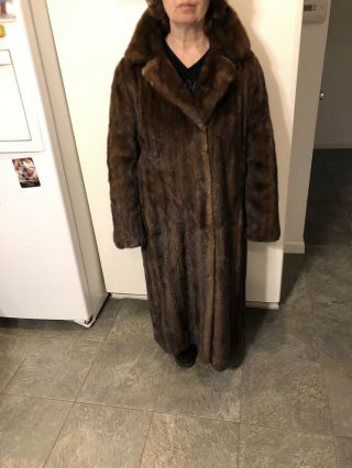 Pierre Balmain Paris Designer Full Length Brown Mink Fur Coat Size L Or Xl