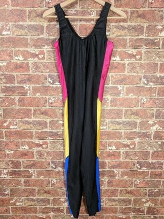 Vtg 80s Unitard Leotard Jumpsuit Bibs Black Pink Yellow Blue Scoop Sleeveless