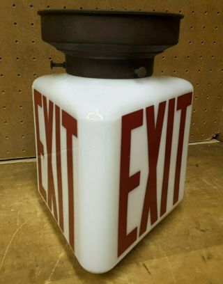 Vintage 3 Sided Exit Sign Milk Glass Globe & Light Fixture - 3 Exit Sides