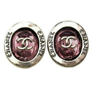 Authentic Vintage Chanel Earrings Cc Logo Round Purple Stone Ea1716
