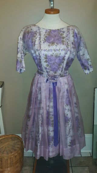 Vintage 40s 50s Garden Party Full Skirt Lucy Dress Purple Flowers Flower Belt