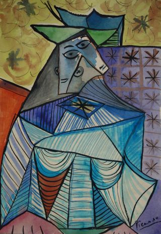 Classic Cubist Gouache Painitng W,  Signed Pablo Picasso,  Rare Uniqe Artwork