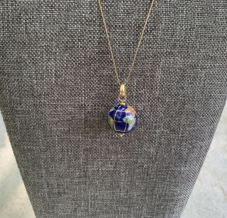 Vintage 14k Gold Italian Globe Necklace Lapis Turquoise Inlay Art Glass Milanese
