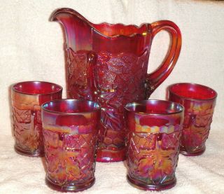 Vintage Westmoreland Red Carnival Glass Pitcher And 4 Glass Set Signed