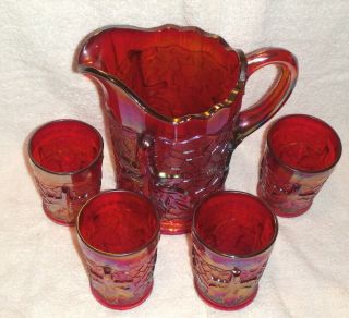 Vintage Westmoreland Red Carnival Glass Pitcher And 4 Glass Set Signed 2