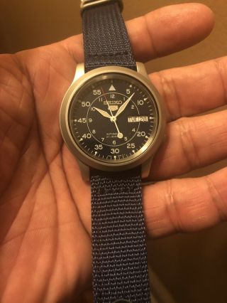 Mens Seiko 5 Automatic 21 Jewels Military Blue Dial And Blue Nato Band