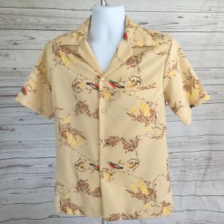 Pomare Vintage Hawaiian Camp Aloha Shirt Bird Print Light Brown Medium