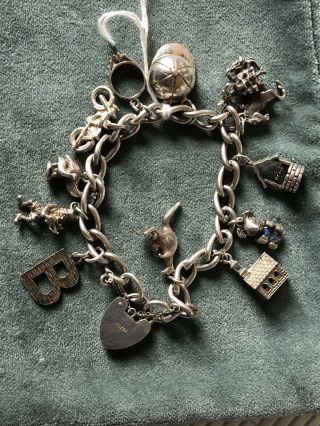 Antique Silver Vintage Charm Bracelet With 11 Charms
