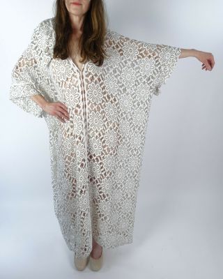 Vtg 60s 70s Sheer Crochet Lace Caftan Hippie Boho Maxi Dress Cover Up - O/s