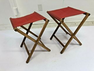 Vintage Folding Camping Stools Pair Red Canvas Set Wooden Tailgate Camp Rustic