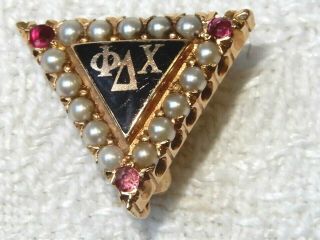 Vintage 10k Gold Phi Delta Chi Fraternity Pin Seed Pearl Ruby Lapel Pin Pendant