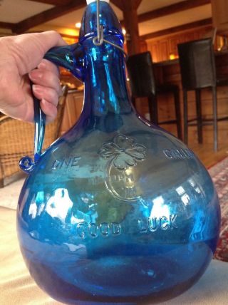 Vintage Old Time Mountain Moonshine 1904 Blue Glass Jug Crownford Italy 1969 2