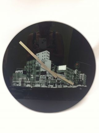 Vtg Round Wall Retro City Clock Black Glass 70s Sketch Signed 17 "