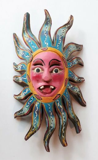 Unique Vintage Mexican Sun Mask,  Hand Carved Hand Painted Folk Art,  Wall Hanging