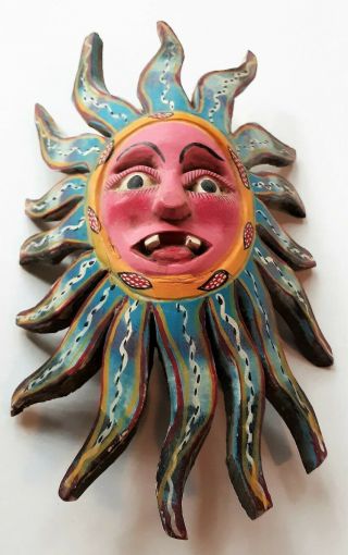 Unique Vintage Mexican Sun Mask,  Hand Carved Hand Painted Folk Art,  Wall Hanging 2