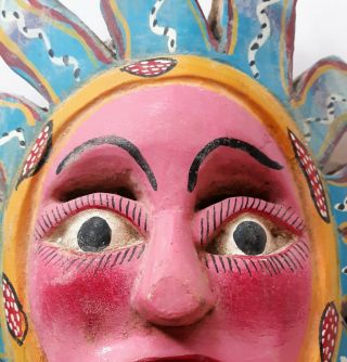 Unique Vintage Mexican Sun Mask,  Hand Carved Hand Painted Folk Art,  Wall Hanging 5