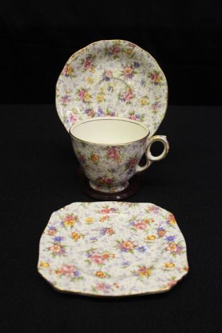 3 Pc Vintage Royal Winton Eleanor Chintz 375 Raleigh Cup,  Saucer & Square Plate
