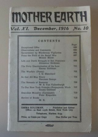 Mother Earth - December,  1916 Vol Xi No.  10,  Emma Goldman,  Anarchism Rare