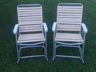 Vintage Retro Aluminum Folding Lawn Chairs Vinyl Webbed Rocking Chair Pair