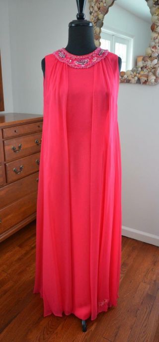 Spectacular Vtg 60s Silk Chiffon Draped & Beaded Couture Gown Evening Dress S - M