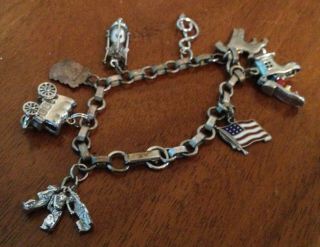 Vintage Sterling Silver Charm Bracelet,  8 Charms - Conestoga,  Hourglass,  See No