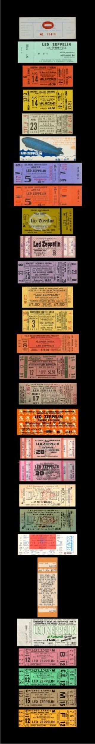 30 1969 - 80 Led Zeppelin Vintage Full Concert Tickets,  Bonus Reprint