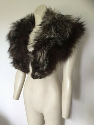 Women’s Vintage 50s Plush Silver & Brown Fox Fur Stole Capelet Jacket Trim