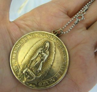 Vintage Sterling Silver Our Lady Of Guadalupe Pendant Medallion Necklace 1 3/4 "
