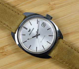 Vintage Waltham Automatic Stainless Steel Automatic Date Mens Watch Leather Band
