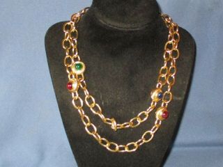 Vintage Gold - Tone Metal Gripoix Glass Cabochon Chain Station Necklace