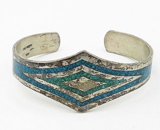 MEXICO 925 Silver - Vintage Crushed Turquoise Pointed Cuff Bracelet - B4608 2