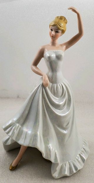 Vintage Porcelain Lady Figurine Dancing In A Opalescent White Dress & Gold Shoes