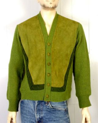 Vtg 50s 60s Green 2 Tone Suede Panel Cardigan Cable Knit Sweater Rockabilly L