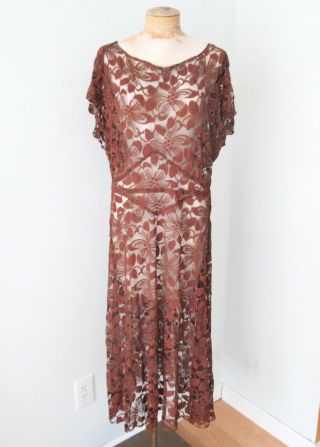 Vgc Vtg 20 30s Brown Sheer Floral Lace Edwardian Drop Waist Flapper Dress M/l