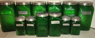 Rare Owens - Illinois Forest Green Spiral Optic 12 Pc Canister Set
