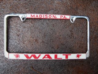 Vintage Walt Pontiac Dealer Embossed Metal License Plate Frame Madison,  Pa