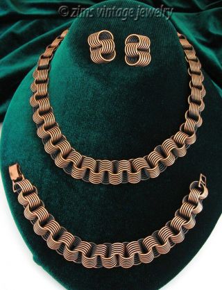 Vintage Renoir Modernist Copper Coil Chain Link Necklace Bracelet Earrings Set
