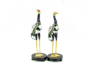 Two 11 " Inch Vintage Chinese Raised Wire Cloisonne Red Crown Crane Figurines