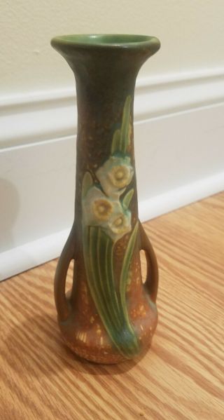 Vintage Roseville American Art Pottery 7 " Jonquil 2 Handle Bud Vase Unmarked