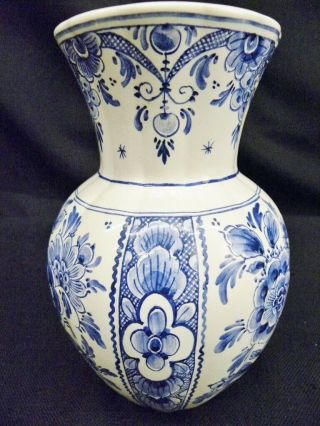 Vintage D.  P.  Delft 9 1/2 " Vase Blue Flowers And Bands C.  1960 Holland;