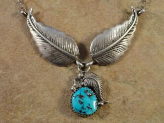 Vintage Pawn Hand Made Navajo Sterling Silver Turquoise Feather Necklace