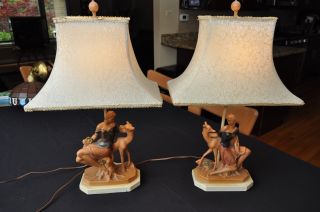 Vintage Mid Century Modern Art Deco Pair Lamps Shades Woman And Deer