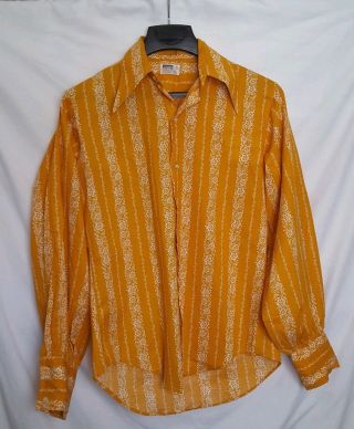 Vtg 70s Montgomery Ward Gold Mustard Floral Disco Mod Shirt M Butterfly Puff